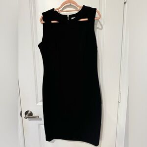 Black Calvin Klein sheath dress with gold zipper detail